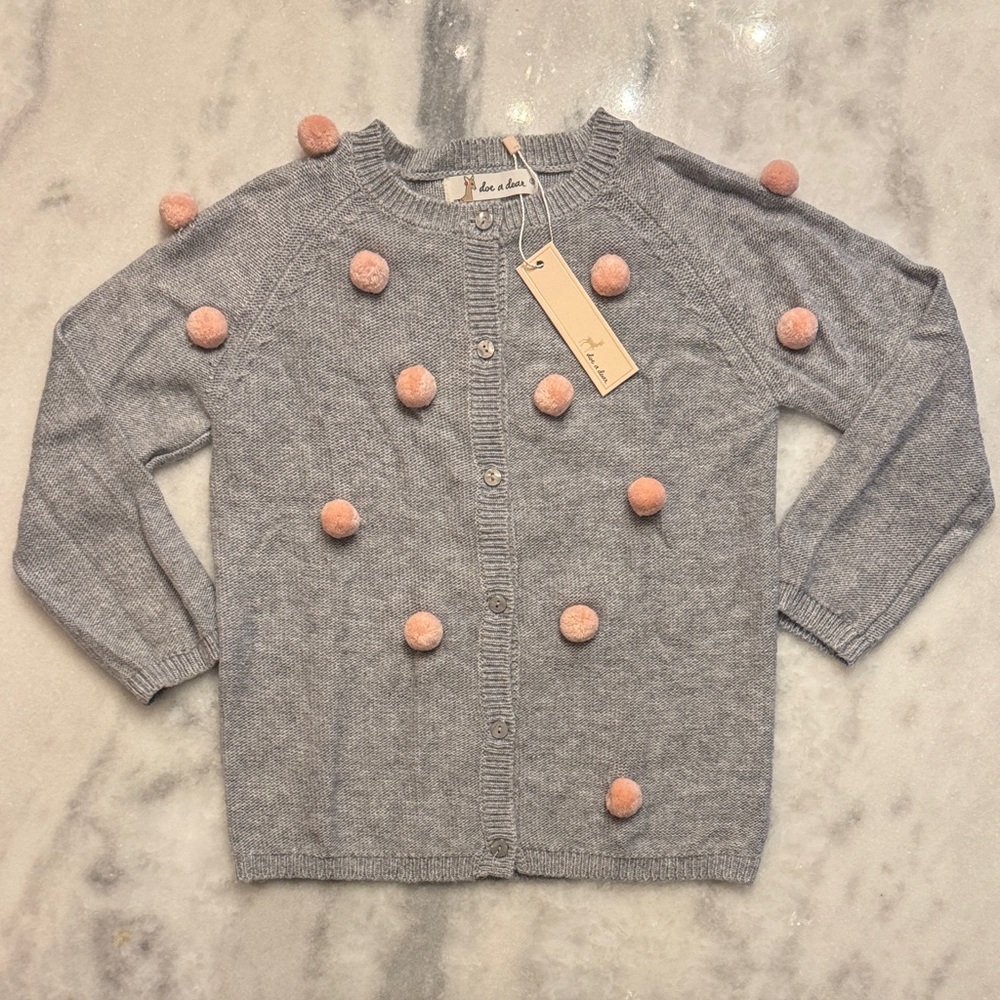 Doe a dear Gray Cardigan with Pink Pom Poms girls size 5